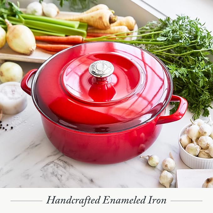 Merten & Storck 5.3QT Round Dutch Oven Casserole Pot with Lid, European Crafted Enameled Iron Stockpot, Induction & All Cooktops, Braising, Stews, Roasting, Slow Cooking, Sourdough, Foundry Red