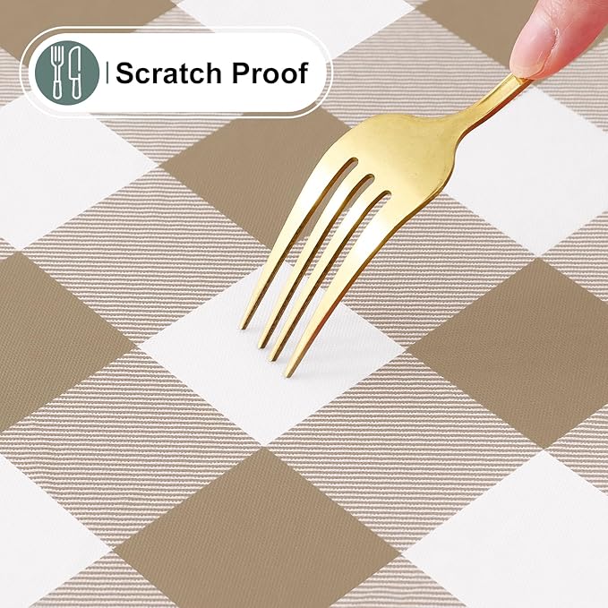 misaya Buffalo Rectangle Picnic Tablecloth, 4 Foot Elastic Fitted Vinyl Table Cloth with Flannel Backing, Waterproof Plaid Table Covers for Dining, Camping, Outdoor (Khaki and White, 24" x 48")