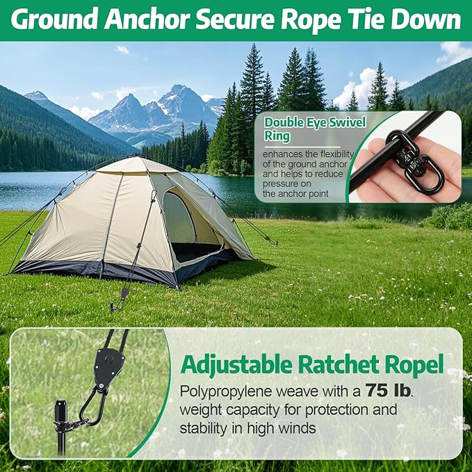 Ground Anchors, 6 Pack 17.7" Screw in Tent Stakes Heavy Duty Kit with 6 Adjustable RV Awning Tie Down Ratchet Ropes for High Winds, Earth Anchors for Shed Trampoline Canopy Gazebo Swing Set Camping