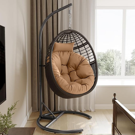 TWT Hanging Egg Chair with Stand, 330lbs Capacity Patio Wicker Egg Swing Chair with UV Resistant Cushion for Bedroom Garden Indoor Outdoor (Dark Brown)