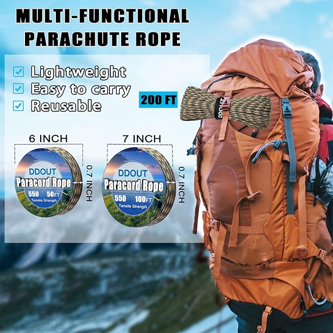 Paracord Nylon Rope Camo 100ft with 7-Strand Core, 10 Colors and 50/100/200 ft, Type III Parachute Cord 4mm for Camping, Survival, Hiking, DIY, Crafting, Outdoor Utility Rope