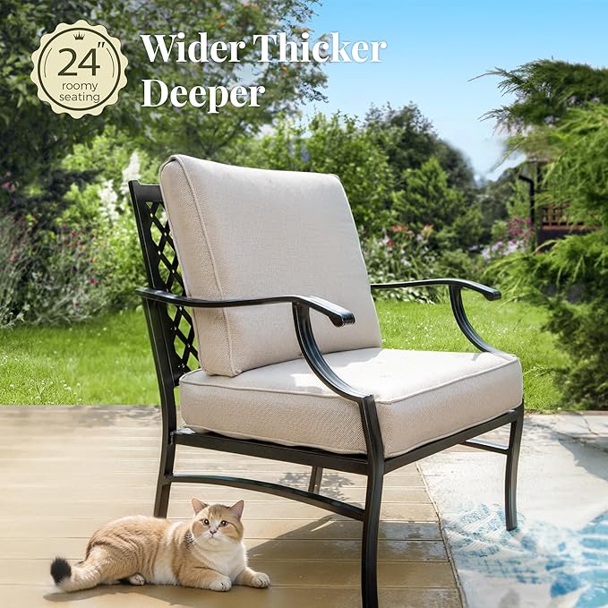 Patio Furniture Set with Fire Pit Table, 5 Pcs Metal Outdoor Conversation Set, 4 Single Chairs with 5.75" Extra Thick Cushion and 28" Fire Pit Table for Backyard Deck, Beige