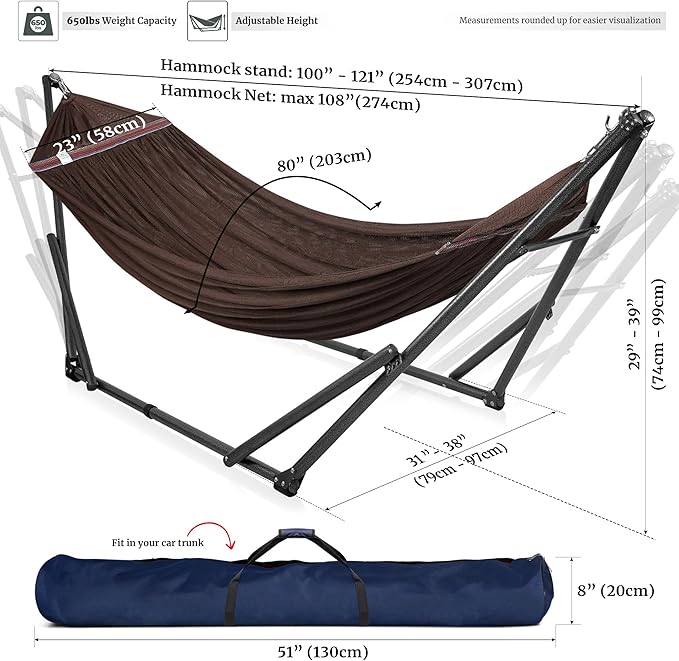 Tranquillo Universal Double Hammock with Stand Included for 2 Persons/Foldable Hammock Stand 600 lbs Capacity Portable Case - Inhouse, Outdoor, Camping, Brown