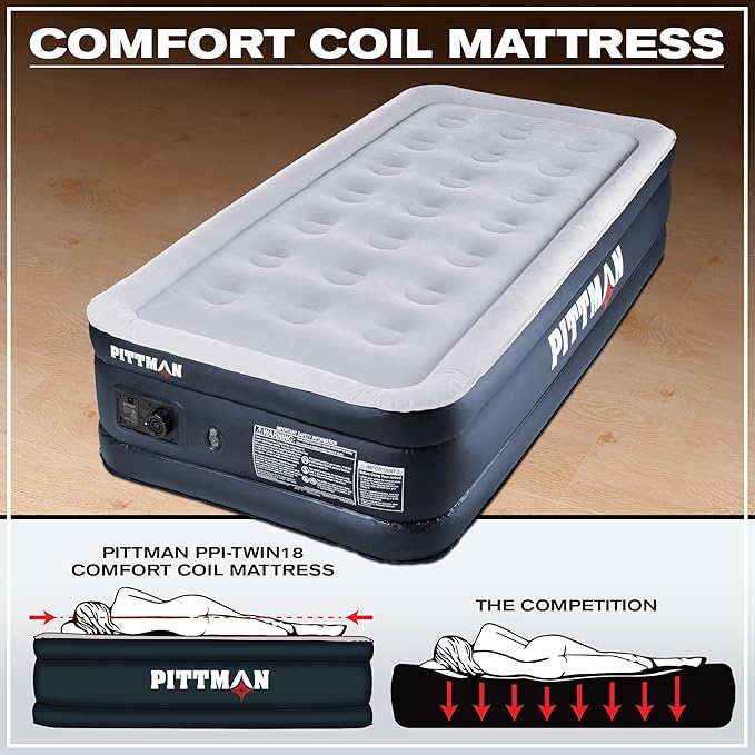 Pittman - Air Mattress Twin with Built in Pump - Black 18" Double High Twin Air Mattress with Built in Pump That Inflates & Deflates - Blow Up Mattress is Ideal for Guests or Camping