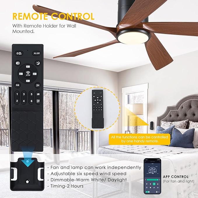 Flush Mount Ceiling Fans with Lights Low Profile - 54" Modern Ceiling Fan, 5 Blades, Reversible and Dimmable LED Light, Indoor Ceiling Fan Light for Bedroom, Covered Outdoor, Brown