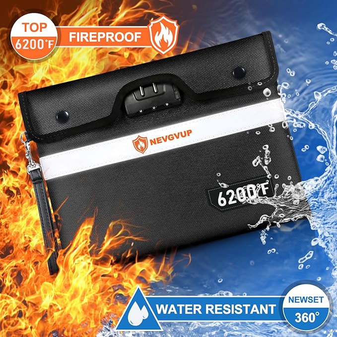 6200°F Upgraded Fireproof Document Bag with Lock, Fireproof Money Bag for Cash with Zipper/Reflective Strip, 9 Layer of Heat Insulated Material, Water Resistant Fire proof Bags for Documents,Fire Bags