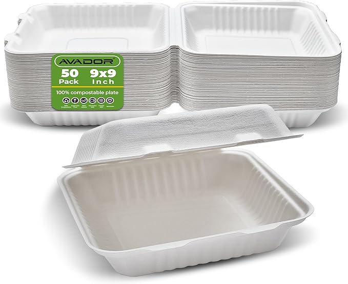 AVADOR® Compostable Tableware 100% Eco-Friendly & Biodegradable Dinnerware Eco-Conscious, Disposable, and 100% Biodegradable (9 Inch x 9 Inch Clamshell Pack of 50)