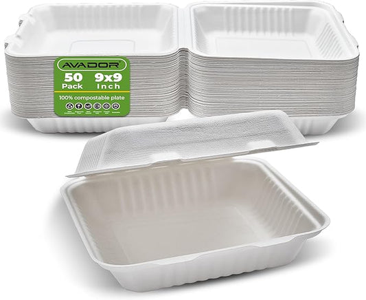 AVADOR® Compostable Tableware 100% Eco-Friendly & Biodegradable Dinnerware Eco-Conscious, Disposable, and 100% Biodegradable (9 Inch x 9 Inch Clamshell Pack of 50)