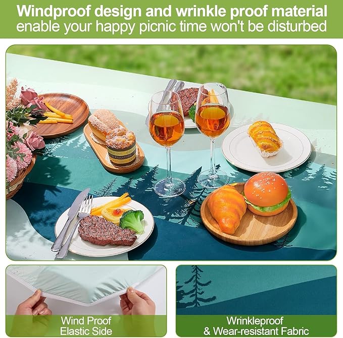 Picnic Table Cover with Bench Covers Camping Essentials Waterproof Windproof Camping Tablecloth with Drawstring Bag, Fitted Rectangle Tables and Seats, 60in, Green Blue