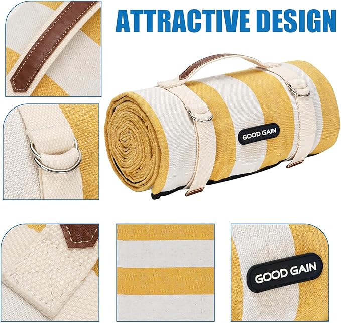 Outdoor Picnic Blankets Waterproof Large, Sandproof Backing Portable for Family, Friends, Kids, Picnic Mat Machine Washable for Camping Party, Grass, Beach Park, Playground(Butter Yellow)