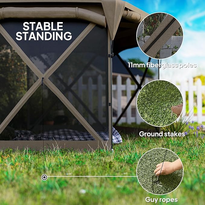 Outsunny Pop Up Gazebo Screen Tent House, 11 x 11ft with UPF30+ Removable Roof Cover, 4 Roll-up Wind Panels and Carry Bag for Camping, Patio, Backyard, Lawn, Brown