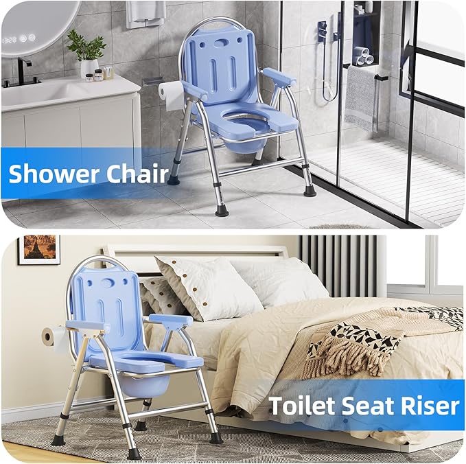 4 in 1 Folding Bedside Commode Chair for Elderly with Arms and Back,Adjustable Height Raised Toilet Seat with Handles,Adults Potty Chair for Seniors,Disabled,Holds Up to 350 lbs (ABS Plastic Seat)