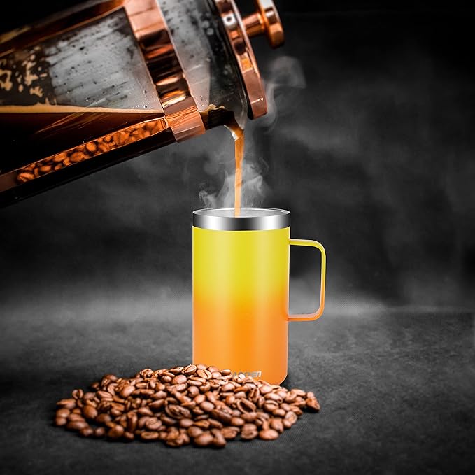 KXIAOCHEN 20oz Insulated Coffee Mug with Lid, Stainless Steel Coffee Cup, Double Wall Vacuum Coffee Tumbler with Handle, Premium Thermal Travel Coffee Mug (Mango Yellow)