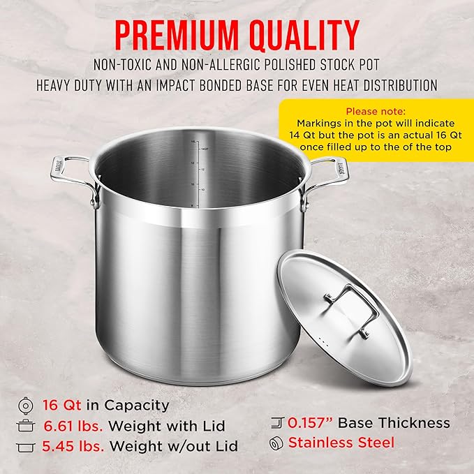 Stockpot – 16 Quart – Brushed Stainless Steel – Heavy Duty Induction Pot with Lid and Riveted Handles – For Soup, Seafood, Stock, Canning and for Catering for Large Groups and Events by BAKKEN