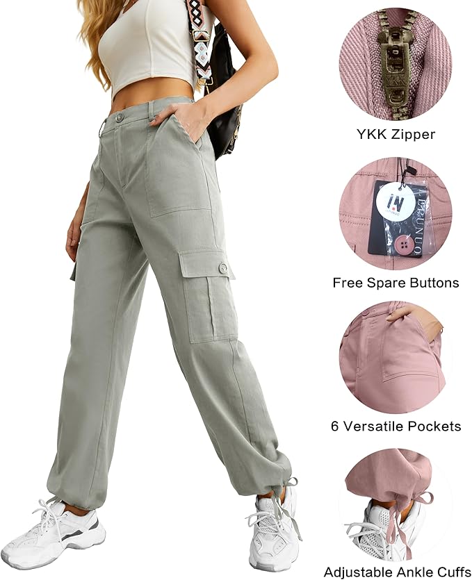 Lepunuo Women's High Waisted Cargo Pants Travel Y2K Streetwear Baggy Stretchy Pants with 6 Pockets Drawstring Ankle Cuffs
