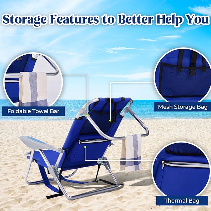 2 Pack Lightweight Portable Camping Beach Chair for Adults, Outdoor Lay Flat Folding Beach Chairs with 5 Positions, Backpack Beach Chair with Towel Bar, Zipper Pouch, Cup Holder, Blue