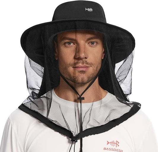 BASSDASH UPF 50+ Mosquito Net Hat with Stowable Neck Flap for Men Women Outdoor Fishing Hiking Camping Gardening FH17