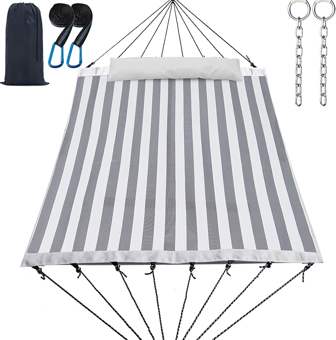 14ft Two Person Outdoor Hammock, Portable Camping with Folding Steel Spreader Bar, Carrying Bag, Carabiners, Tree Straps, Pillow & Sidebag, Quick Dry Textilene, 550 lbs Capacity (Piano)
