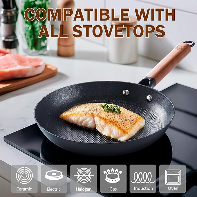 DM Cast Iron Skillet, 2 Piece Nonstick Frying Pan Set, 8 and 12 Inch with Detachable Acacia Wooden Handle, Honeycomb Non stick Omelet Egg Pan, Easy Clean Oven Safe Pans for Cooking