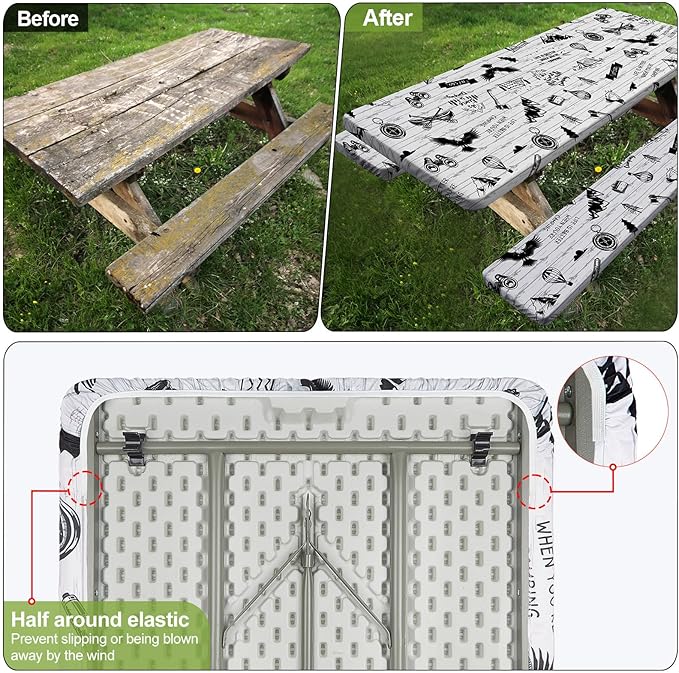 Picnic Table Cover with Bench Covers Camping Essentials Waterproof Windproof Camping Tablecloth with Drawstring Bag, Fitted Rectangle Tables and Seats, 96in, White