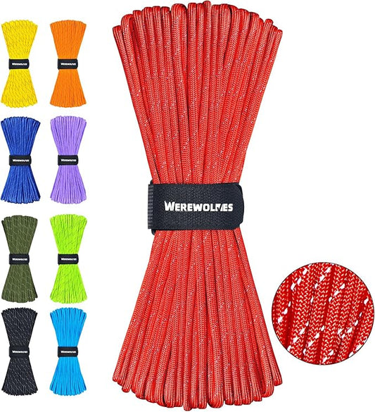WEREWOLVES Reflective Paracord Rope 7 Strand Type III Parachute Cord 4mm 100ft / 200ft for Tent Camping Hiking Fishing Survival Tactical Clothesline DIY Projects
