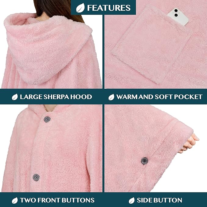 PAVILIA Angel Wrap Hooded Blanket Poncho, Wearable Blanket Throw Wrap Poncho for Women Adult, Cozy Fluffy Sherpa Fleece Shawl Cape with Hood pockets, Warm Gift for Mom Wife, Light Pink