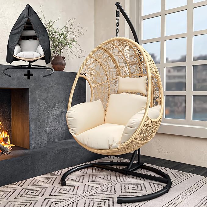 Oversized Hanging Egg Chair Outdoor Wicker Swing Chair with Stand Rain Cover UV Resistant Cushion 400lbs Capacity for Patio, Garden and Balcony