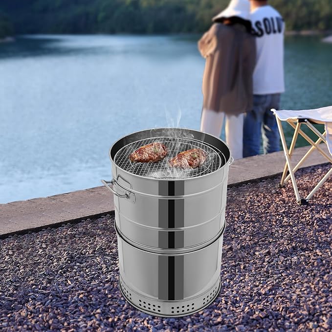 Stainless BBQ Grill Barrel,Portable 360°Smokeless Barbecue Grills,Silver Steel Kebob-Grill with 50 Skewers,Outdoor Cooking and BBQ,Camping Picnic Patio Backyard