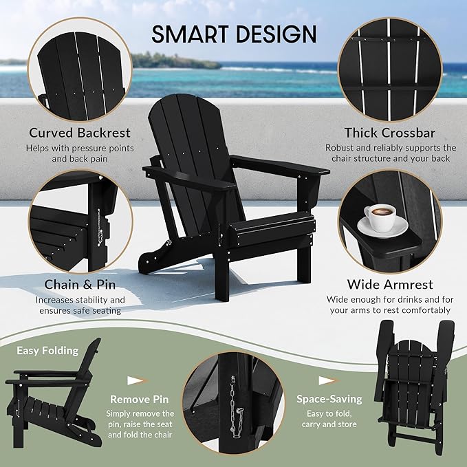 WestinTrends Malibu 4-Piece Set Outdoor Folding Poly Adirondack Chair, Black