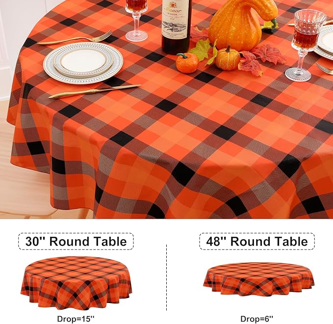 misaya Round Waterproof Vinyl Table Cloth, Buffalo Flannel Backed Tablecloth, Wipeable Plastic Table Cover for Dinner, Kitchen, Picnic (60", Black and Orange and Yellow)
