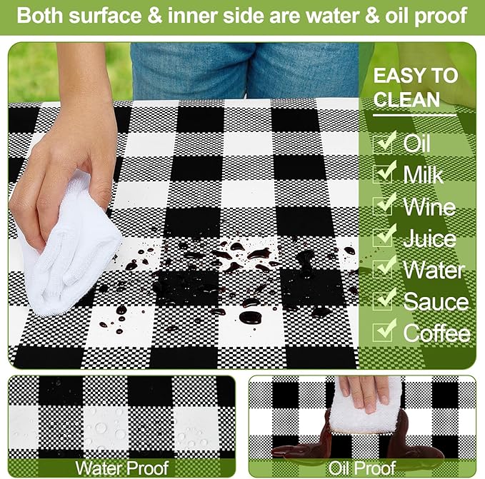 Picnic Table Cover with Bench Covers Camping Essentials Waterproof Windproof Camping Tablecloth with Drawstring Bag, Fitted Rectangle Tables and Seats, 96in, White Black Checkered