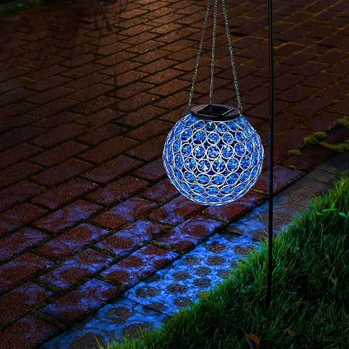 Solar Hanging Lantern Outdoor Lights, Dual LEDs Color Changing and Blue Hanging Light Waterproof Crystal Globe Lamp Decoration in Garden, Pathway, Front Door - Blue