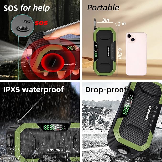 Hand Crank Emergency Radio,Portable AM FM NOAA Weather Radio,Solar Power,Battery Operated,USB Charging Flashlight,Cell Phone Charger,Waterproof,SOS for Camping,Power Outage,Survival Storm