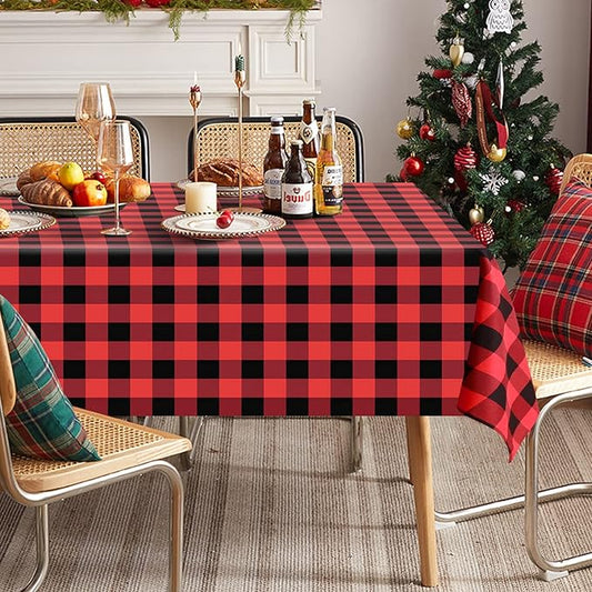Softalker Christmas Gingham Checkered Rectangle Tablecloth - Buffalo Plaid Farmhouse Table Cloth Waterproof Stain Resistant Table Cover for Kitchen/Party/Holiday - Black and Red, 54 x 78 Inch