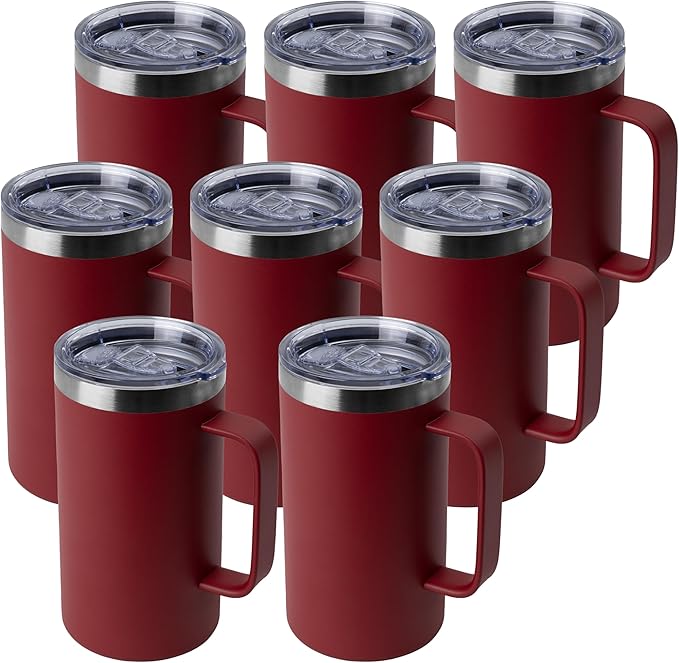 DOMICARE 24oz Mug with Handle and Lid, Stainless Steel Coffee Mug, Travel Mug with Handle, Double Wall Vacuum Coffee Tumbler, Reusable Insulated Cup, Dark Red, Pack 8