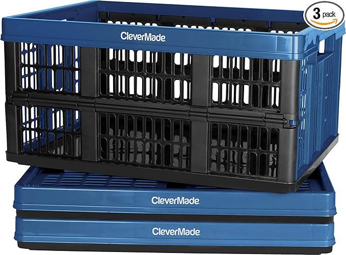 CleverMade Collapsible Utility Crates - Ocean 3 Pack 45L / 11 Gal holds 66 lbs - Stackable Containers Heavy Duty Capacity Crates Space-Saving Baskets