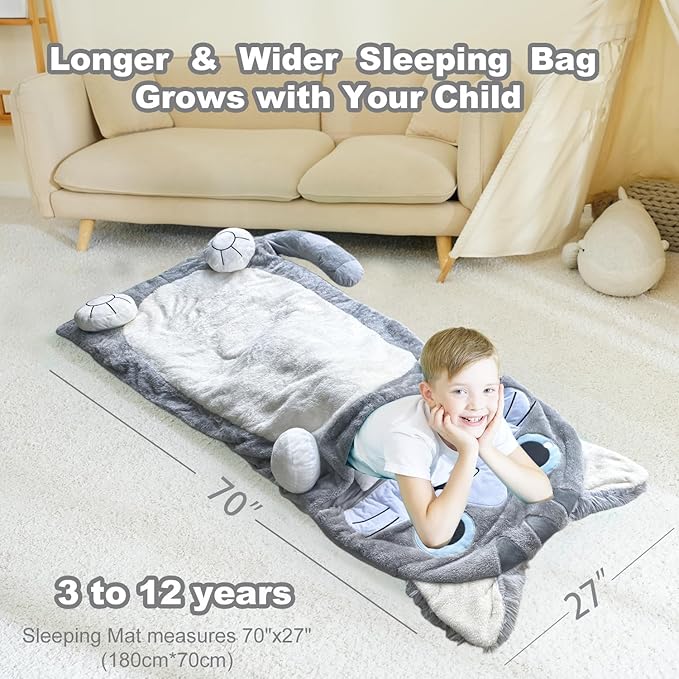 Kid Sleeping Bag with Pillow - Larger Toddler Nap Mat - Plush Slumber Bag for Boys Girls Daycare Preschool Kindergarten Birthday Gift Travel Sleepover Ages 3-12 Years