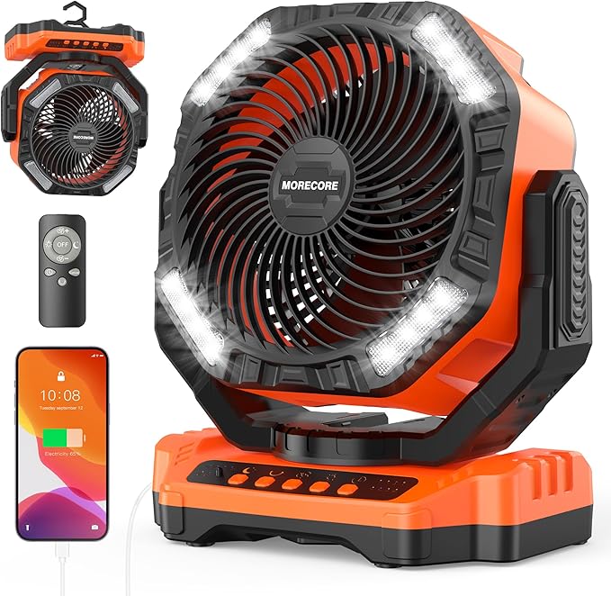 MORECORE 40000mAh Battery Operated Camping Fan with Light, 120HRS Running, Powerful 4 Speeds & Auto Oscillating, with Timer & Hook, for Travel Tent RV Emergency Hurricane Jobsite Garage-Orange