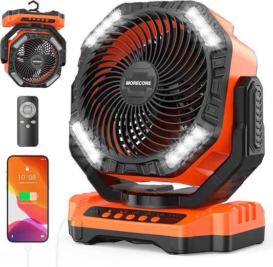MORECORE 40000mAh Battery Operated Camping Fan with Light, 120HRS Running, Powerful 4 Speeds & Auto Oscillating, with Timer & Hook, for Travel Tent RV Emergency Hurricane Jobsite Garage-Orange