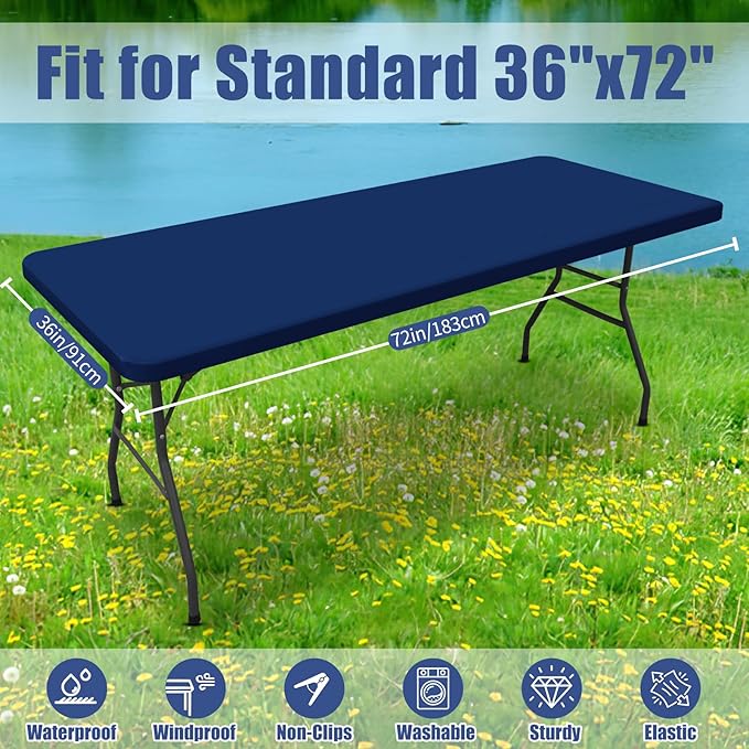 Spandex 6 Foot Rectangle Table Cloth 2 Pack, Elastic Fitted Tablecloths for Picnic, Stretch Washable Patio Table Cover for Outdoor, Camping, Banquet and Parties (Navy, 36"x72")