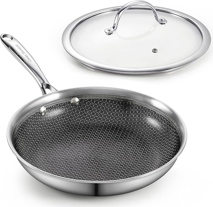 Cooks Standard Hybrid Nonstick Frying Pan, 12-Inch Skillet, Multi-Ply Clad Stainless Steel Fry Pan with Tempered Glass Lids, Oven Safe, Compatible with All Stovetops
