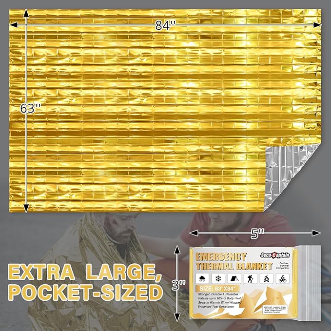 SecuCaptain Survival Emergency Thermal Blankets: Extra Large 84” x63” Space Mylar Blanket Kit for Outdoor Cold Winter Camping Hiking Car Bug Out Bag or First Aid - 4 Pack Gold