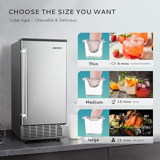 EUHOMY 15" W Commercial Under Counter Ice Maker Machine, 90 Lb/Day Auto-Cleaning & 24H Timer, Gravity Drainage,Stainless Steel Built-in Freestanding Ice Maker, 24 Lb Bin, Ideal for Commercial & Home