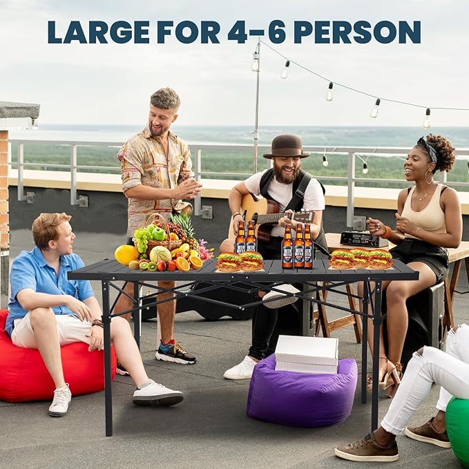 WILDROOTS Folding Camping Black Table with Carry Bag, Roll Up 4-6 People Portable Camp Square Tables for Picnic, Cooking, Beach, Travel, BBQ (XL