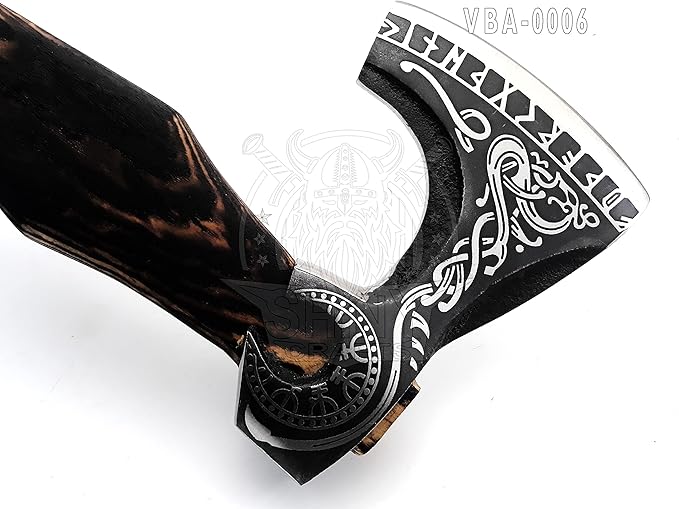 SHINY CRAFTS-Axes Handmade Viking Axe Hatchet Norse Battle Axe-Valhalla Runic Axe, Carbon Steel Viking Axe Head, Engraved Handle, Wolf Camp Axe, Genuine Leather Sheath & Wrap (VBA 06)
