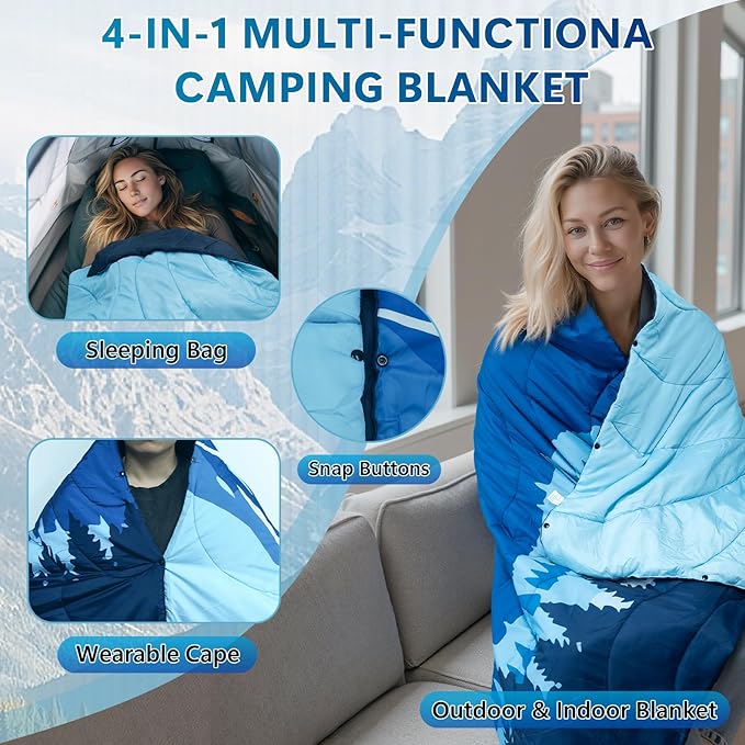 Outdoor Camping Blanket, Packable Down Alternative Puffy Printed Camp Blankets Ultra Warm Lightweight Hammock Top Quilt Waterproof Blanket for Travel Picnic Stadium Hiking Party Cold Weather 55"x78.8"