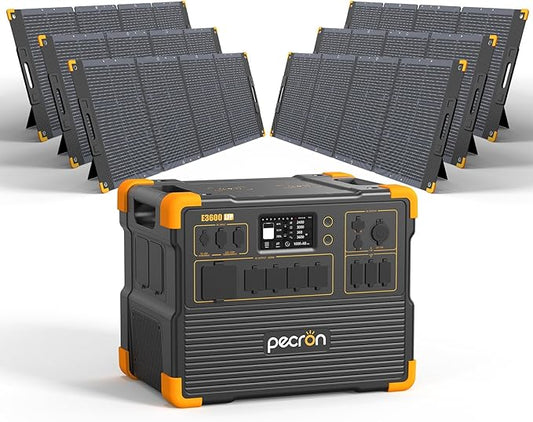 pecron Solar Generator E3600LFP 3072Wh with 6x300W Solar Panels, 5x3600W AC Outlets Portable Power Station, LiFePO4 Battery Backup Expanded to 15.36KWh, Power Station for Home Use, RV, Camping, CPAP