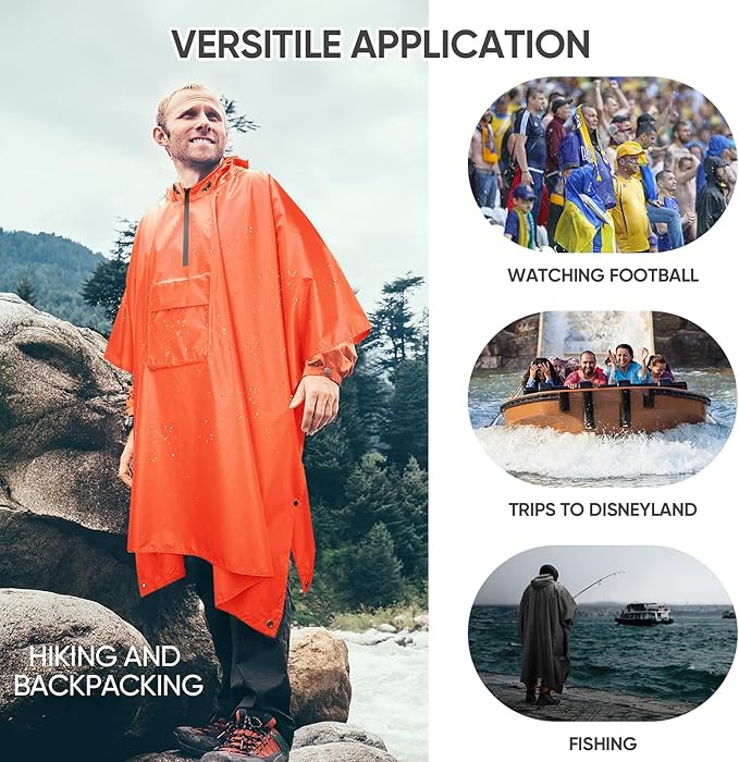 PTEROMY Hooded Rain Poncho for Adult with Pocket, Waterproof Lightweight Unisex Raincoat for Hiking Camping Emergency