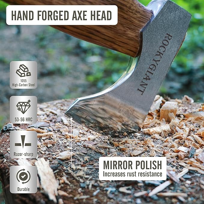 ROCKYGIANT 11'' Small Axe Hatchet, Camping Axe for Limbing or Splitting Kindling and Firewood, Hand Forged, with Leather Sheath and Hickory Wood Handle, for Outdoor Garden Forest