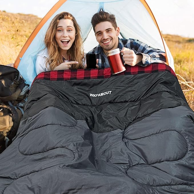 Double Sleeping Bag for Adults Machine Washable 2 Person Camping Sleeping Bag Queen Size Waterproof with Compression Sack for Cold Weather 3-4 Seasons